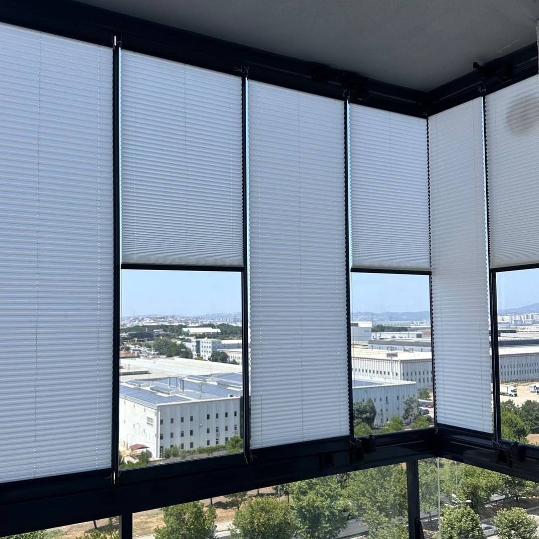 White pleated folding glass balcony screen