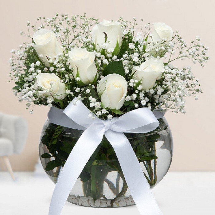 Snow-White Fresh Roses in Vase